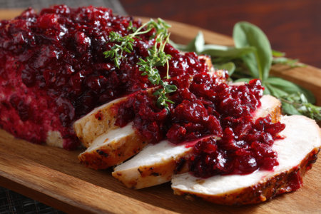 roasted turkey breast with cranberry sauce and thyme on wooden boardの素材