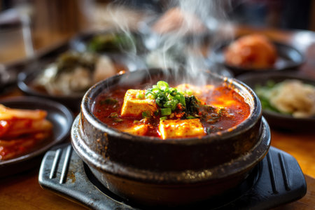Korean food, Kimchi soup in a clay pot on the tableの素材
