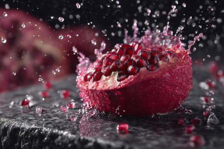 Falling pomegranate with water drops on black stone backgroundの素材