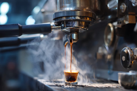 Coffee machine pouring coffee in a glass cup, close upの素材