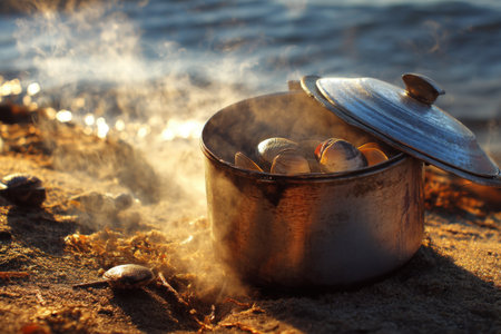 Cooking mussels on the river bank in the rays of the setting sunの素材