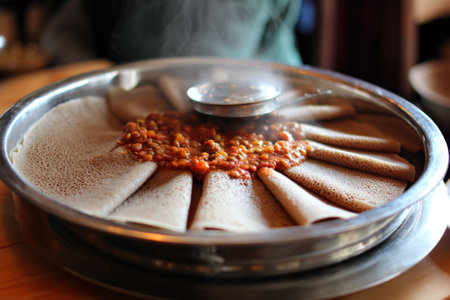 Thin pancakes with meat and vegetables on a metal plate in the restaurantの素材