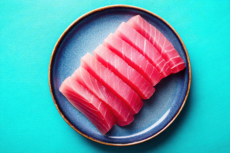 Tuna sashimi on a blue plate on a blue backgroundの素材