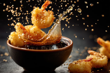 Crispy fried shrimp with oil splash on a dark background.の素材