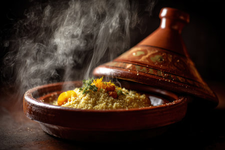 Couscous with herbs in a clay pot on a dark backgroundの素材