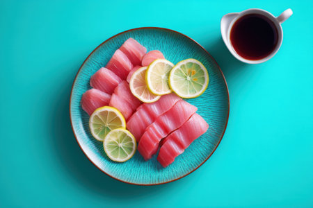 Tuna sashimi with lemon and cup of tea on blue backgroundの素材
