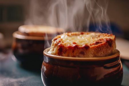 French toast with cheese in ceramic bowl on wooden table. Selective focusの素材