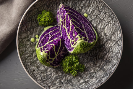 Purple cabbage with parsley on a black background. Vegetarian food.の素材