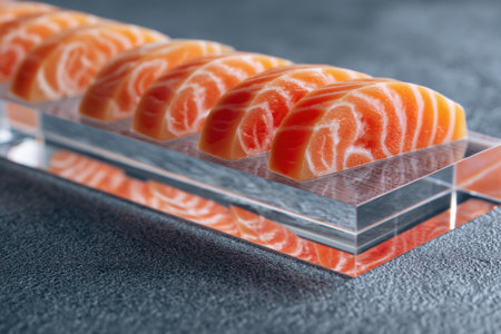 Slices of fresh salmon in a glass plate on a dark backgroundの素材