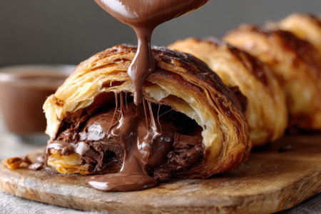 Delicious puff pastry with chocolate cream on grey table, closeupの素材