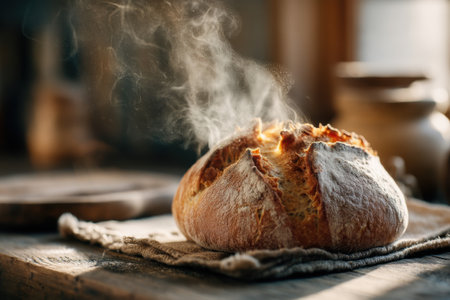 Freshly baked homemade bread on rustic wooden table, selective focusの素材
