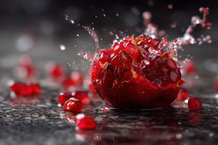 Juicy pomegranate with water drops on a black backgroundの素材