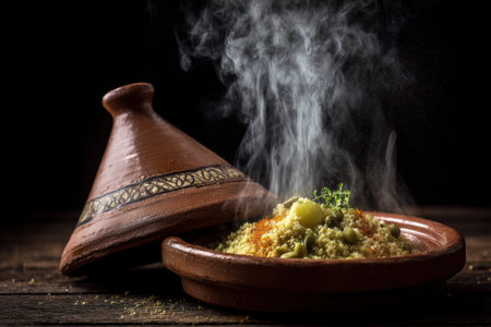 Couscous with vegetables and herbs in clay pot on wooden backgroundの素材