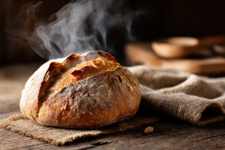 Freshly baked homemade bread on rustic wooden table with copy spaceの素材