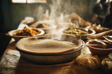 Spices and herbs on a wooden table in a restaurant kitchen.の素材