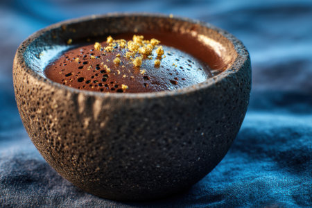 Cup of hot chocolate on blue tablecloth. Selective focus.の素材
