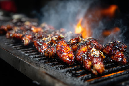 Grilled chicken wings on a barbecue grill, close-up.の素材