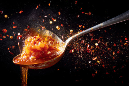 Spoon of chili paste on black background with splashes of chili powderの素材