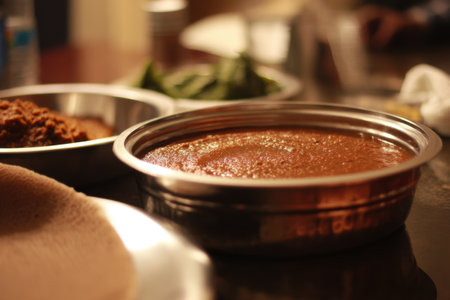 Chocolate paste in a stainless steel bowl on a kitchen table.の素材