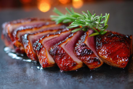 Grilled duck breast with rosemary and spices on a black backgroundの素材