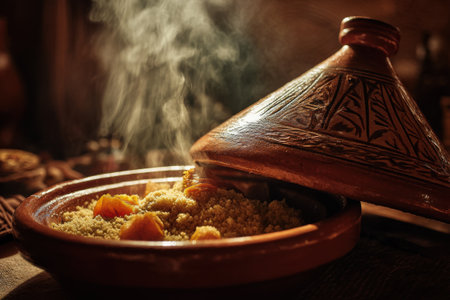 Couscous in a clay pot on a wooden background.の素材