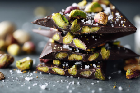 Chocolate with pistachios and sea salt on a dark backgroundの素材