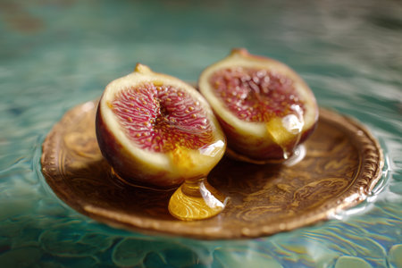 Fresh figs on a glass plate with water drops, closeupの素材