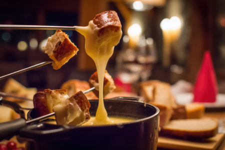 Cheese fondue with bread and cheese on a table in a restaurantの素材