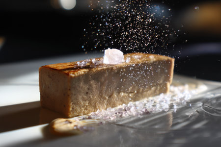 Slice of bread sprinkled with powdered sugar on a white plate.の素材