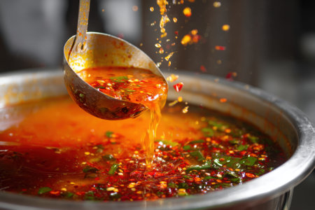 Pouring Thai spicy soup into a pot. Selective focus.の素材