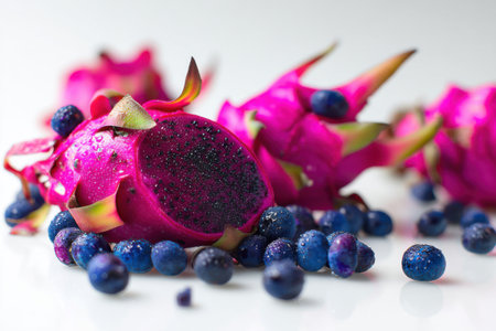Dragon fruit and blueberries on a white background. Selective focus.の素材