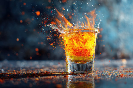 Shot of tequila with fire and splashes on a dark backgroundの素材