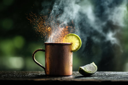 Mug of hot drink with lime on the wooden table with smoke.の素材