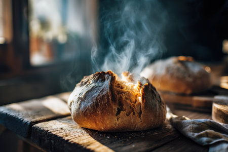 Freshly baked bread on a wooden table in a rustic styleの素材
