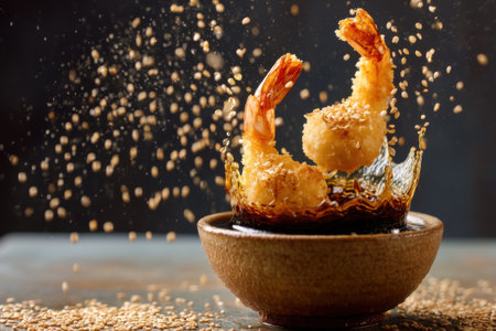 Fried shrimp in a bowl with sesame seeds on a dark backgroundの素材