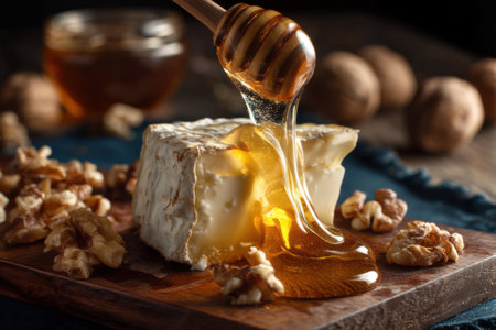 Camembert cheese with honey, walnuts and honey dipperの素材