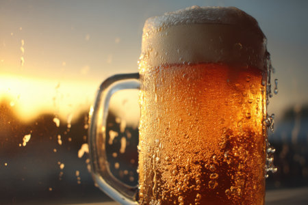 Frosty glass of beer on the background of the sunset.の素材