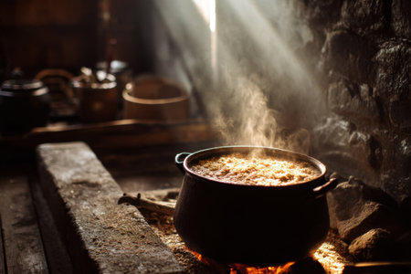 Cooking soup in a cauldron on the fire in the kitchenの素材