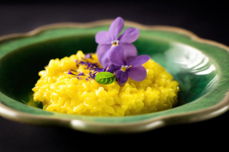 Risotto with edible flowers in a green plate on a black backgroundの素材
