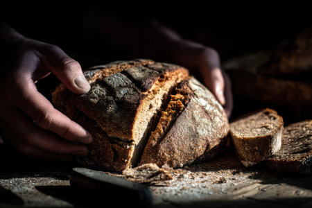 Bread in the hands of a man on a dark background.の素材