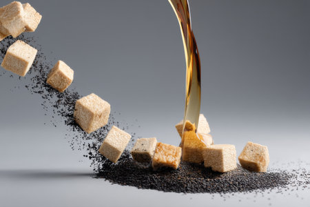 Pouring sugar into brown sugar cubes on grey background, closeupの素材