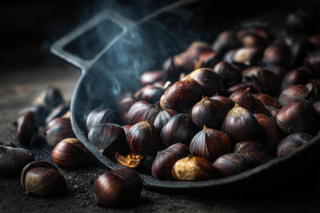 Roasted chestnuts in a cast-iron frying pan on a dark background.の素材