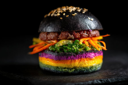Vegetarian burger with fresh vegetables on black background, closeupの素材