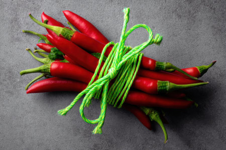 Red hot chili peppers on grey background. Top view with copy spaceの素材