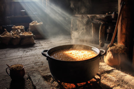 Pot of rice on the fire. Preparation of rice for cookingの素材