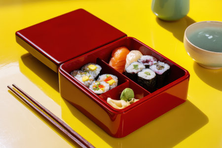 Sushi set in red box with chopsticks on yellow background.の素材