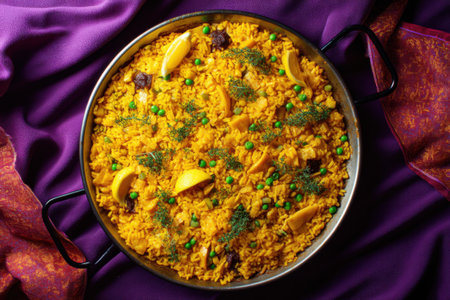 Paella, traditional indian dish made of rice, vegetables and spicesの素材