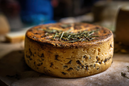 Camembert cheese with herbs on a wooden board, selective focusの素材