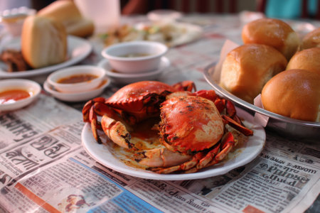 Steamed crab served on a plate with bread and spicy seafood sauceの素材