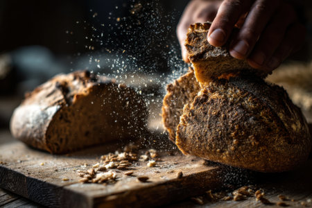 Freshly baked bread on a wooden cutting board. Selective focus.の素材
